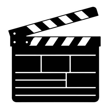 Beyaz arka planı olan siyah bir el çırpma tahtası. El çırpma tahtasının çapraz çizgileri ve menteşeli kolu olan bir dairesi var. El çırpma tahtasının gövdesinde bir tahtaya benzeyen birkaç yatay çizgi ve dikdörtgenler vardır. Alkışların basit bir temsili.