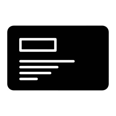Yuvarlak köşeli siyah bir dikdörtgen, bir kredi kartı. Daha küçük beyaz bir dikdörtgen sol tarafta, muhtemelen bir kart numarası ya da alanı gösteriyor. Değişen uzunluklardan oluşan üç yatay beyaz çizgi aşağıya yerleştirilmiş, muhtemelen kart bilgisini simgeliyor