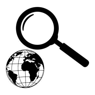 Yerküreye yerleştirilmiş siyah beyaz bir büyüteç. Küre bir ızgara deseni ve kıtalar siyah. Büyütecin kalın bir sapı ve dairesel bir merceği var. Arkaplan düz beyaz.