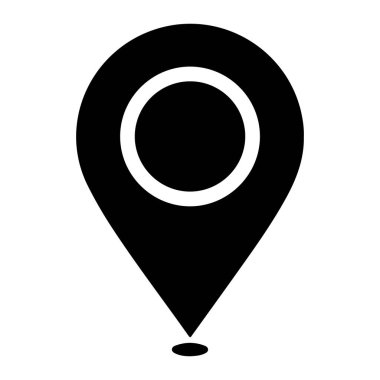 Beyaz zemin üzerinde beyaz bir daire detayı olan basit bir siyah harita iğnesi. İğne göz yaşı şeklinde ve altında küçük bir oval gölge var. Çember de çivinin yuvarlak bölümünün ortasında. harita pin, konum siyah ve beyaz, navigasyon sembolü