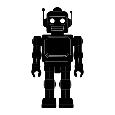 Beyaz hatları olan siyah bir robot oyuncağı beyaz bir arka plan üzerine kuruludur. Robotun kare bir gövdesi, yuvarlak bir kafası ve iki yuvarlak gözü ve küçük bir ağzı vardır. Kafasında iki anten var ve kolları ve bacakları mechan 'dan yapılmış.