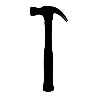 Beyaz bir arkaplanda siyah bir çekiç silueti. Çekicin kavisli bir pençesi ve düz bir sapı var. Genel bir el aletinin basit, iki boyutlu bir gösterimidir. Çekiç, siluet, siyah. bir çekiç aracının siyah silueti