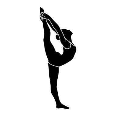 Beyaz bir arka planda yoga pozu veren siyah bir kadın silueti. Bir ayağı üzerinde duruyor, diğer bacağı havada ve elleri bileğini tutuyor. Vücudu ince beyaz bir çizgiyle çizilmiş..