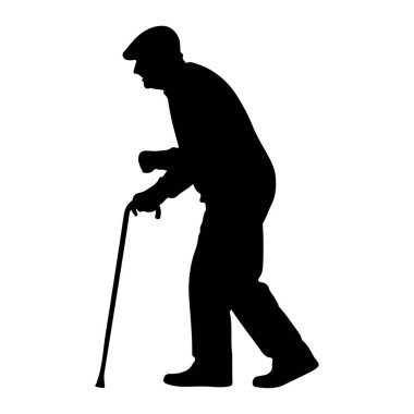 Beyaz arka planda bastonuyla yürüyen yaşlı bir adamın siyah silueti. Adam profilden gösteriliyor, sola bakıyor, vücudu hafifçe eğiliyor ve destek için bastona yaslanıyor. Şapka takıyor gibi görünüyor ve nazik bir yürüyüşü var..