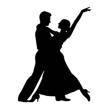 Balo dansı pozu veren siyah bir kadın ve erkek silueti. Erkek, sağ bacağı bükülmüş ve sol bacağı uzatılmış bir şekilde ayakta dururken, kadının sağ bacağı arkasında uzanıyor ve sol kolu başının üzerinde yükseliyor. Kadın giyinmiş.