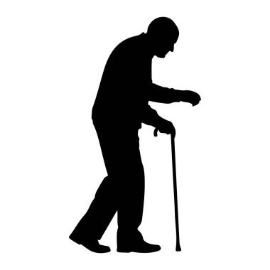 Beyaz arka planda baston yardımıyla yürüyen yaşlı bir adamın siyah silueti. Adam profilden resmedilmiş, yüzü sağa dönük, başı hafifçe eğilmiş ve vücudu öne doğru eğilmiş. Sağ elinde bir baston tutuyor ve...