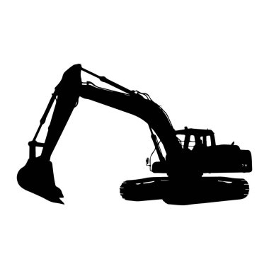 Beyaz arka planda siyah bir kazıcı silueti. Kazı makinesi kolu açık ve kovayı indirmiş bir şekilde konumlandırıldı. Siluet, makinenin izleri, kol ve kovanın ayrıntıları. Bu basit ve yüksek kontrastlı bir gösterim.