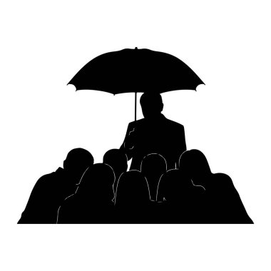 Bir grup insanın üzerinde, şemsiyenin altında duran siyah bir siluet. Adam ortada, şemsiyeyi tek eliyle tutuyor. Kalabalık, seyirciden uzağa bakan birden fazla siluetli figürlerden oluşuyor. Arkaplan