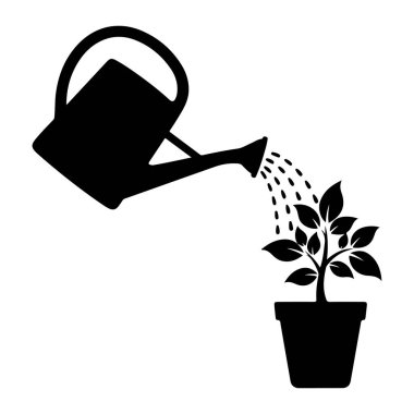 Siyah bir sulama silueti çoklu yapraklı bir saksı bitkisinin üzerine su dökebilir. Sulama kabı sol tarafta, ağzı da sağ taraftaki bitkiye doğru uzanıyor. Su damlacıkları su birikintisinden düşerken resmedilir.