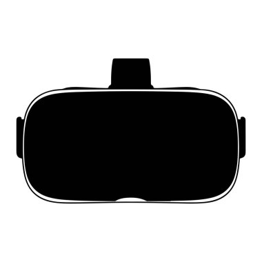 Beyaz çizgili sanal gerçeklik kulaklığının siyah bir silueti düz beyaz bir arkaplan üzerine kuruludur. Kulaklığın üzerinde çıkıntı olan yuvarlak dikdörtgen bir şekli ve ayarlanabilirmiş gibi görünen iki yan parçası var. Bu basit bir represen.