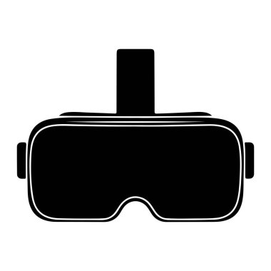 Beyaz çizgili siyah bir sanal gerçeklik kulaklığı beyaz bir arkaplan üzerine kuruludur. Kulaklığın yuvarlak kenarları ve çıkıntılı dikdörtgen bir şekli var. Her iki tarafında da iki küçük dikdörtgen parçası var.