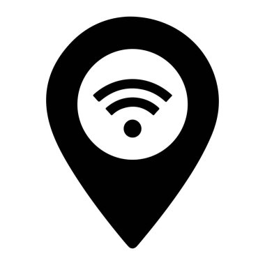 İçinde kablosuz internet sembolü olan stilize edilmiş bir harita rozeti. İğne sivri uçlu koyu siyah ve içindeki kablosuz ağ sembolü de beyaz dairesel arka planda siyah. Düz beyaz bir arka planı var..