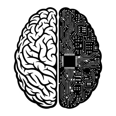 Beynin iki parçaya bölünmüş hali. Beynin organik, doğal yapısının sol yarısı karakteristik kıvrımları ve beyaz kıvrımlarıyla. Sağ yarısı beyaz çizgileri olan siyah bir devre kartı deseni ile değiştirildi.