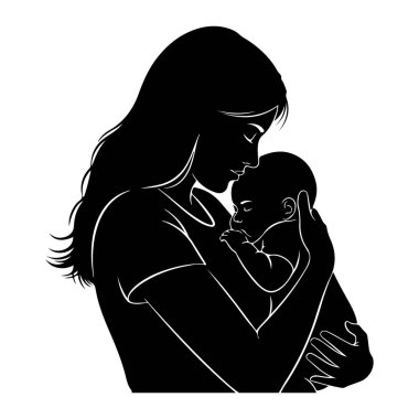 Göğsüne yakın bir bebeği tutan siyah bir kadın silueti. Kadının uzun saçları var ve bir eli bebeğin başını desteklerken diğer eli de bebeğin vücudunun yanında beşiği kollarında tutuyor. Beyazlı basit bir tasvir.