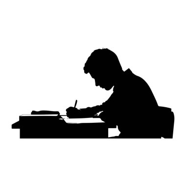 Masada oturan, bir kağıt parçasına kalemle yazan siyah bir siluet. Masanın düz bir yüzeyi ve bir tarafında hafif bir çıkıntısı olan basit bir dikdörtgen şekli var. Kişi sandalyeye oturur, hafifçe öne doğru eğilir,