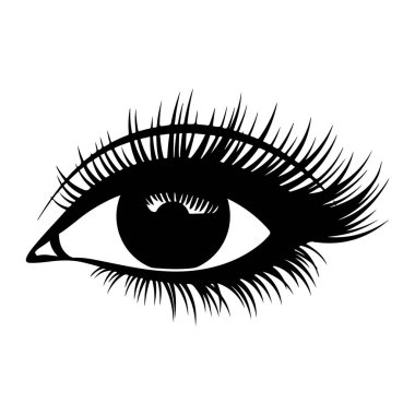 Uzun kirpikli siyah-beyaz bir insan gözü, düz beyaz bir arka plan üzerine kurulmuş. Göz, kirpiklerin detaylarını ve göz şeklini gösteren yakın plan bir görüntüde resmedilir. Bu basit ama ayrıntılı bir stil, bol ile yapılır