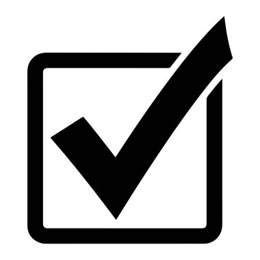 Beyaz arka planda, kare bir kutunun içine basit bir siyah işaret konur. Kontrol işareti kalın ve kalın, kutunun sol tarafından sağ tarafına doğru uzanıyor. Kutunun köşeleri yuvarlak ve kalın siyah bir sınırı var. Genel olarak düz ve minimumdur.