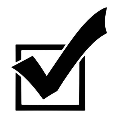 Sade beyaz bir arka planda, içinde büyük bir kontrol işareti olan katı bir kara kutucuk. Kontrol kutusunun kalın siyah bir sınırı ve kutunun çoğunu dolduran sağ tarafı gösteren bir işaret var. İşaretli, işaretli, siyah. Checbo 'da siyah kontrol işareti