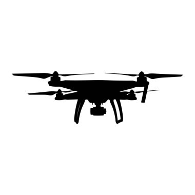 Dört pervaneli ve kameralı bir dronun siyah silueti beyaz bir arkaplan üzerine kuruludur. İnsansız hava aracının pürüzsüz ve modern bir vücudu ve dört bacağı var. Pervaneler uzun ve ince, iki tane takılı ve iki tane de altta. Kamera yerleştirildi ve...