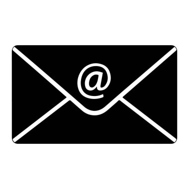 Beyaz arka planda beyaz sembollü basit bir siyah zarf. Zarf düz, iki boyutlu bir şekilde tasvir edilir. Siyah bir beden ve beyaz çizgiler zarfın kapağını ve kapağını oluşturur. Sembol zarfın içinde..