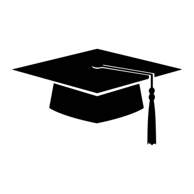 Mezuniyet şapkasının sade siyah silueti, sağ tarafında püskülleri asılı, düz beyaz arka planda. Şapkanın sağ tarafına püskül bağlanmış düz ve kare bir şekli var..