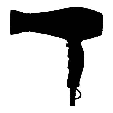 Beyaz arka planda siyah bir saç kurutma makinesi silueti. Saç kurutma makinesi basit ve sembolik bir şekilde tasvir edilir. Yuvarlak bir vücudu, uzun bir sapı ve bir kablosu vardır. Düz, iki boyutlu, gölgelendirmesi ve dokusu olmayan bir gösterim..