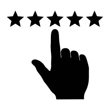 Düz beyaz bir arkaplan üzerinde yatay olarak dizilmiş beş siyah yıldıza doğru uzanan işaret parmağı uzanmış siyah bir el silueti. El, parmak, işaret. Siyah el, beş siyah yıldızı işaret ediyor..