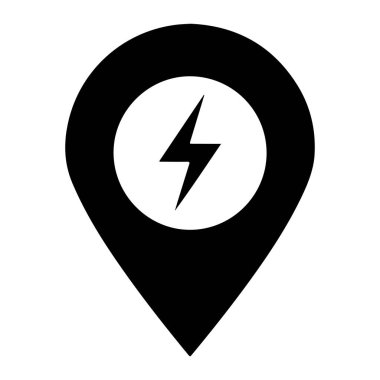 Merkezinde beyaz bir çember olan siyah bir harita iğnesi, üzerinde siyah bir yıldırım sembolü var, düz beyaz bir arkaplan üzerine kurulmuş. Harita iğnesi basit, düz, sivri uçlu ve yuvarlak yıldırımlar dairenin merkezindedir.