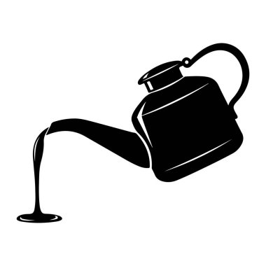 Yağlı bir bidonun siyah silüeti gibi. Sürahi sola doğru uzanan bir açıyla konumlandırılmış ve küçük dairesel bir alana bir petrol akımı dökülüyor. Arkaplan bembeyaz, temiz bir kontrast sağlıyor.