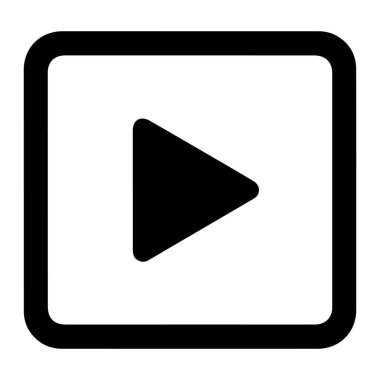 Basit bir siyah çalma tuşu, beyaz arkaplanda yuvarlak köşeleri olan kare bir çerçeve içinde merkezlenir. Çalma tuşu, sağı gösteren siyah bir üçgen. Kare çerçevenin kalın siyah bir kenarı ve düz bir tarzı vardır..