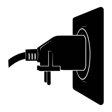 Siyah bir elektrik prizi, beyaz arka plandaki siyah elektrik prizine yerleştiriliyor. Tıpanın iki ucu var ve sola doğru uzanan bir kabloya bağlı. Yuvarlak kenarlı ve dairesel teneffüslü kare şeklindedir. Şey...