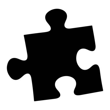 Kavisli kenarları ve yuvarlak çıkıntıları olan tek bir siyah yapboz parçası, düz beyaz bir zemin üzerine kuruludur. Parçanın kendine özgü bir şekli, bir tarafında büyük kıvrımlı bir kesiği ve diğer tarafında üç çıkıntısı var. Bu basit bir gösterim.