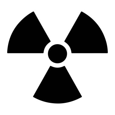 Beyaz arka planda siyah radyasyon sembolü. Sembol, merkezi siyah bir çemberin etrafında üçgen şeklinde dizilmiş üç siyah yarı daireden oluşur. Radyasyon sembolü, uyarı işareti, nükleer sembol. Beyaz arka grubunda siyah radyasyon sembolü