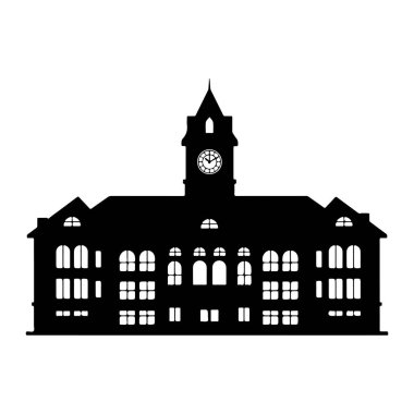 Beyaz arka planda saat kulesi olan siyah bir bina silueti. Merkezi saat kulesi, çatılı ve saat yüzlü bir bina. Ana binanın kemerli ve dikdörtgen şekiller ve gable ro da dahil olmak üzere birden fazla penceresi vardır.