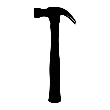 Beyaz bir arkaplanda siyah bir çekiç silueti. Çekicin kavisli bir pençesi ve düz bir sapı var. Yapım ve marangozlukta kullanılan yaygın bir aletin basit bir temsili. Çekiç, pençe çekici, siluet. siyah siluet