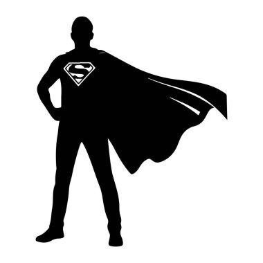 Arkasında pelerin akan süper kahraman kostümü giyen bir adamın siyah silueti. Göğsünde bir Süpermen kostümü. Adam bir eli kalçasında, diğer kolu da pelerinle kaplıydı. Arka plan bembeyaz..