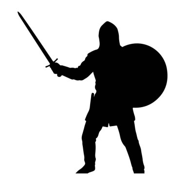 Ortaçağ savaşçısının siyah silueti bir elinde kılıç diğer elinde de beyaz arka planda bir kalkan ile ayakta duruyor. Savaşçı kapüşonlu bir elbise giyiyor ve savaşa hazır görünüyor. Siluet, ortaçağ, savaşçı. siyah siluet