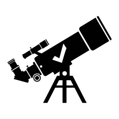 Kırılan bir teleskopun siyah silueti, bir tripoda sade beyaz arka plana monte edilmiş. Teleskopun kendine özgü bir tüp şekli ve yan tarafa uzanan daha küçük bir göz tüpü var. Tripodun üç bacağı ve merkezi sütun suppo 'su vardır.