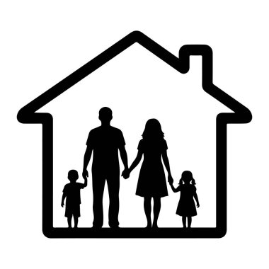 Evin içinde duran dört kişilik bir ailenin siyah silueti. Aile, iki çocukla el ele tutuşan iki yetişkinden oluşur. Evin dış hatları baca ve basit bir çatısı var..