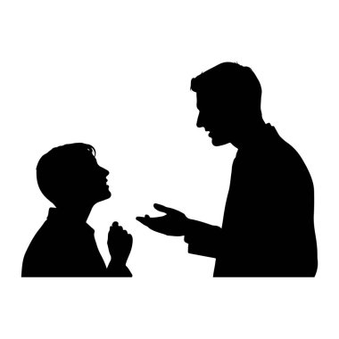 Siyahi bir siluet. Bir adam ve bir çocuk yüz yüze konuşuyorlar. Adam sağ eliyle hareket ederken, çocuk sağ elini kaldırıyor. Her iki figür de profilde, düz beyaz arkaplan üzerine kurulmuş..