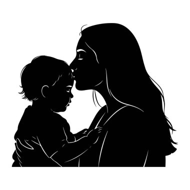 Siyah bir siluet, uzun saçlı bir kadının bebeği alnından öpmesi. Kadının yüzü bebeğinkine yakın ve bebeğin saçı kısa ve başını kaldırıp kadına bakıyor. Silueti vurgulayan düz beyaz bir arkaplan üzerine kurulur