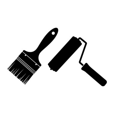 Beyaz arka planda siyah bir boya fırçası ve boya silindiri. Boya fırçasının uzun bir sapı ve kısa tüylü bir kafası var. Boya silindirinin sapı silindirik bir gövdesi var. Her iki alet de yeminli.
