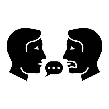 Profilde iki adamın yüzlerinin olduğu siyah bir siluet, yüz yüze, aralarında bir konuşma baloncuğu ile, düz beyaz bir arkaplanda. Erkeklerin yüzleri basit ve basit detaylarla tasvir ediliyor. Konuşma balonunda üç nokta var.