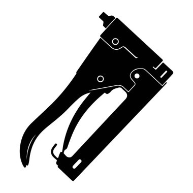 Beyaz çizgileri olan siyah bir zımba tabancası beyaz arka planda gösteriliyor. Zımba tabancasının düz ve çıkıntılı bir zımbası olan eğri bir metal gövdesi var. Tetikleyici ve zımba için şarjör. Kalın çizgileri ve en az detay içeren basit bir sayı..