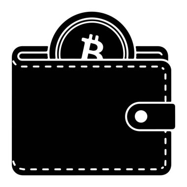 Üzerinde bitcoin olan siyah beyaz bir cüzdan. Cüzdan siyah, beyaz dikişli ve beyaz çizgili olarak tasvir edilmiş. Sağ tarafında ani bir kapanış var. Cüzdandan çıkan bir bitcoin sembolü görülebilir. Şey...