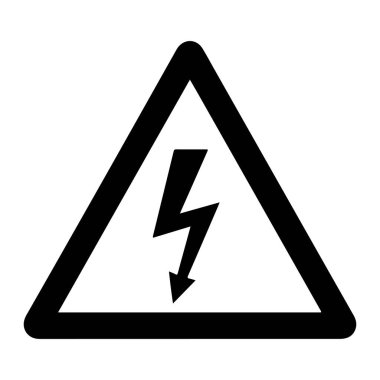 İçinde yıldırım ve aşağı doğru ok bulunan beyaz bir arkaplan üzerine kurulu bir üçgen içeren siyah uyarı işareti. İşaret basit, düz ve kalın çizgiler ve ek detay veya doku içermiyor..