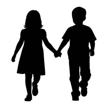 Siyah bir siluet. Beyaz bir arka planda el ele tutuşan bir kız ve erkek. Kız bir elbise giyiyor ve erkek kısa saçlı bir t-shirt ve pantolon giyerken orta boylu saçları var. İkisi de resmedilmiş.