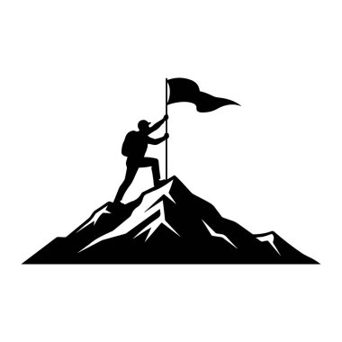 Sırt çantalı bir kişinin siyah silueti dağa tırmanıyor ve zirveye bayrak dikiyor. Düz beyaz bir arkaplan üzerine kuruludur. Kişi dinamik bir pozla tasvir edilir, bir bacağı bükülür ve diğeri uzatılır,