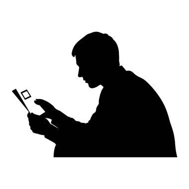 Ekranda küçük bir kare olan akıllı telefonu tutan siyah bir siluet. Adam sola bakıyor ve kısa saçlı. Sağ eli telefonu tutuyor ve sol eli ekrana dokunuyor. Arka plan bembeyaz..