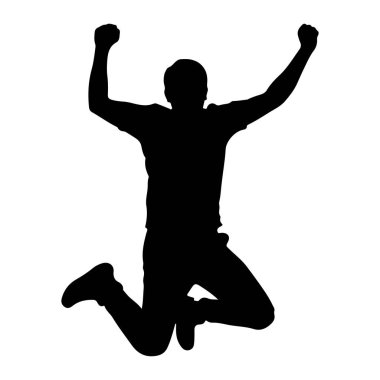 Kutlama için kollarını kaldırmış havaya zıplayan bir adamın siyah silueti. Dizleri bükülmüş ve bir bacağı arkasında. Arka plan bembeyaz. Silüet, adamım, atlama. Siyah kollarla zıplayan bir adamın silüeti